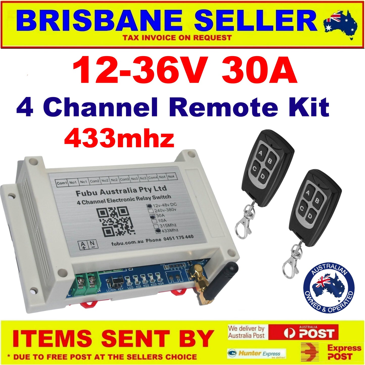 Remote Control Transmitter / Receiver 4 Channel with 2 x 4 FOB Remotes 12V TO 36V 30A 433mhz