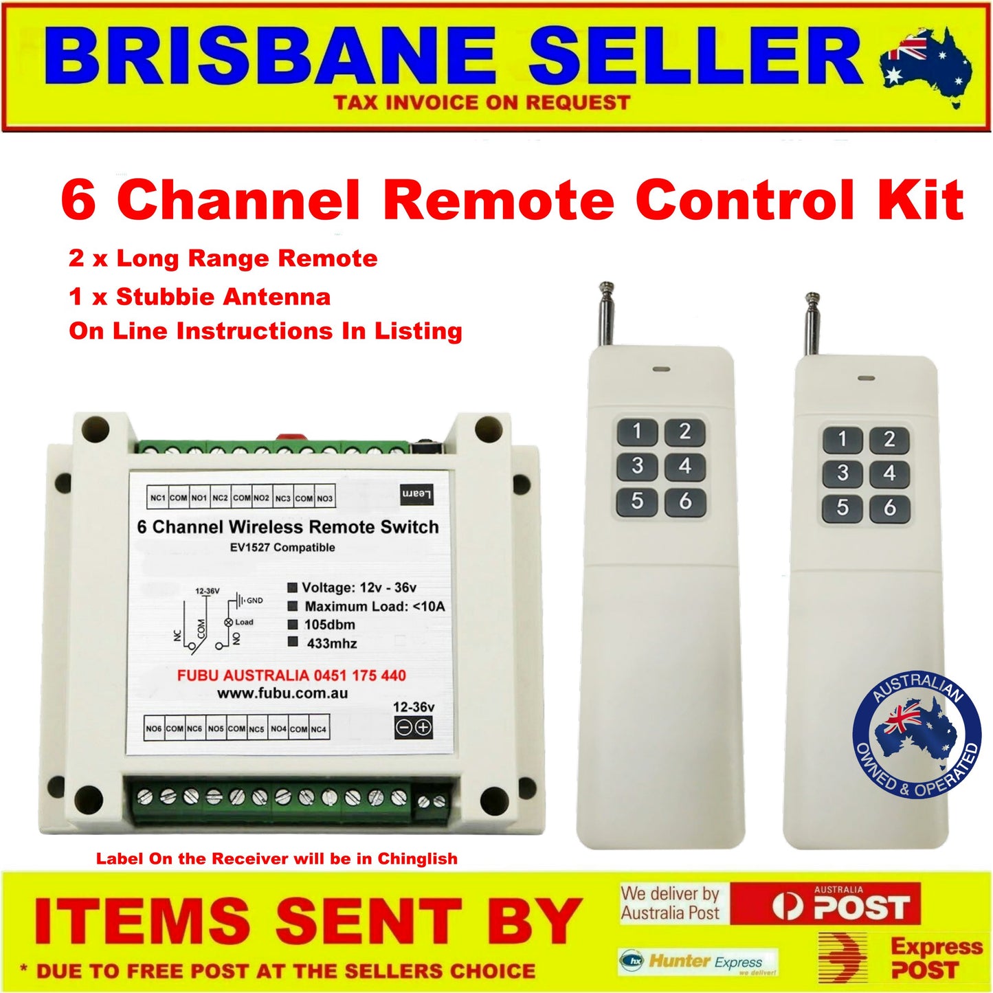 Remote Control Transmitter / Receiver with 2 x 6 Ch Remotes 12-36v 30A 433mhz