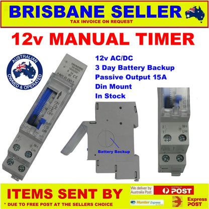 Timers Manual 24 Hour Din Rail Mount 12v 15A Battery Backup Brisbane