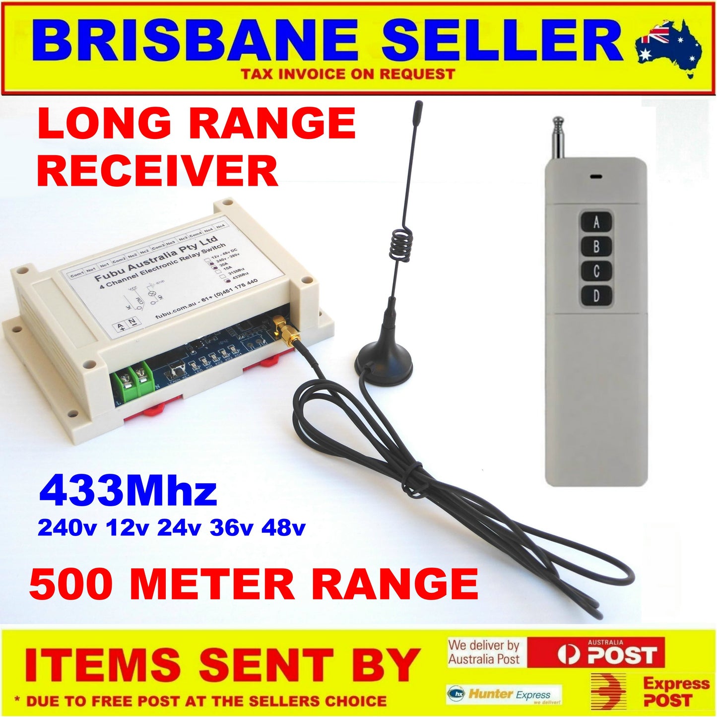 Remote Control Transmitter / Receiver 4 Channel with Antenna 240v 30A 433mhz & 1 Long Rage Remote