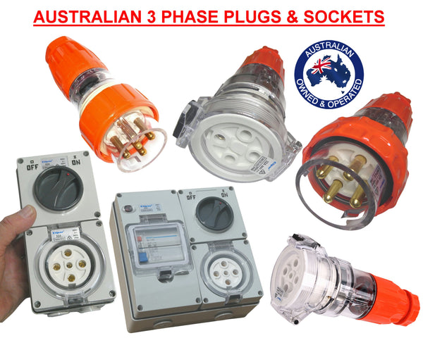 3 Phase, 240v, 32A 20A, 15A, 10A Plugs Sockets, Combos RCD Combos