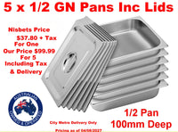
              Five stainless steel 1/2 GN food prep pans with lids 100mm Deep
            