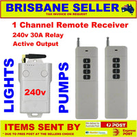 Remote Control Receiver 1 Channel 240v 30A 433mhz Plus 2 x Long Range Remote RC150