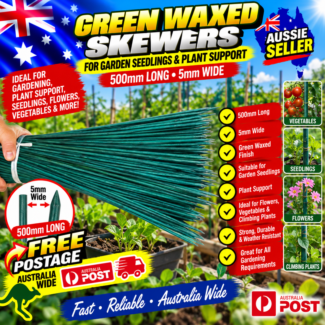 Skewers 500mm x 5mm Bamboo Garden Seedling Sticks Stakes Green Waxed x 200 Australia (Bamboo)