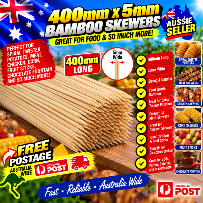 Skewers 400mm x 5.2mm Wood Bamboo Sticks Box of 700 Spiral Tornado Potato Free Shipping