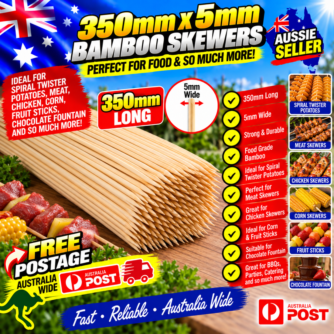 Skewers 350mm x 5mm Wood Bamboo Sticks Pack of 2000 (Bamboo)