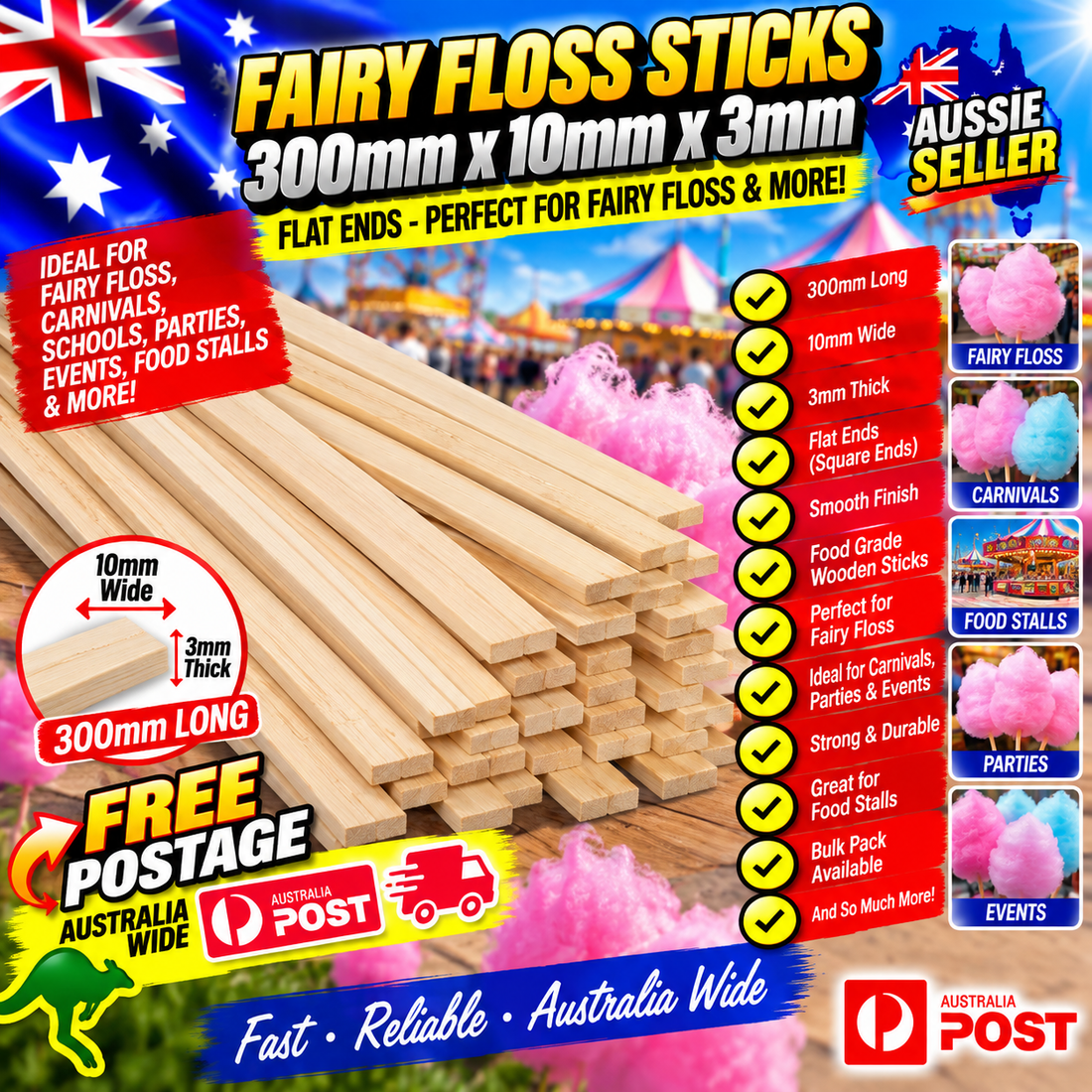Fairy Floss Sticks Skewers 300mm x 10mm x 3mm Heavy Duty SUPER SIZED 1000 pcs (bamboo)