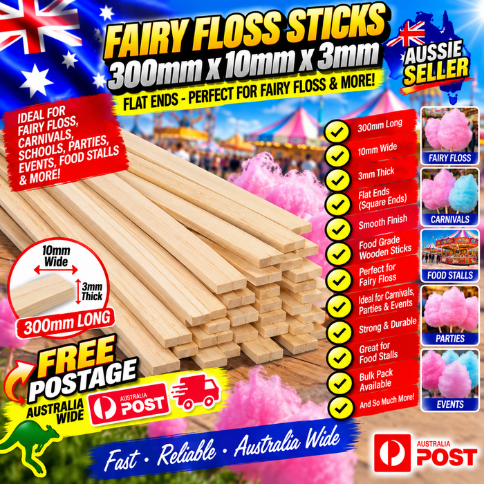 Fairy Floss Sticks Skewers 300mm x 10mm x 3mm Heavy Duty SUPER SIZED 1000 pcs (bamboo)
