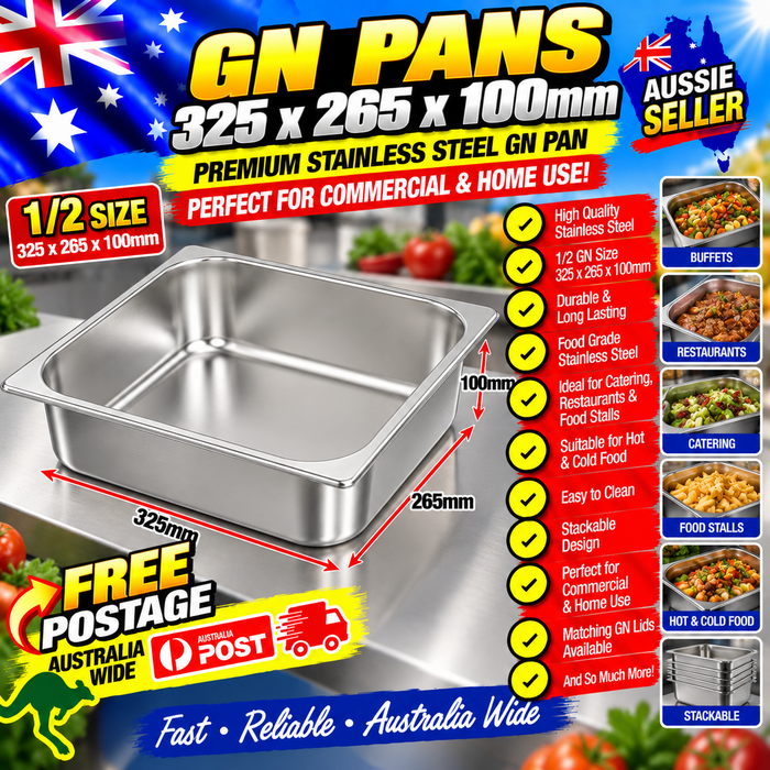 5 x Stainless Steel GN Gastronorme Tray 1/2 - 100mm deep
