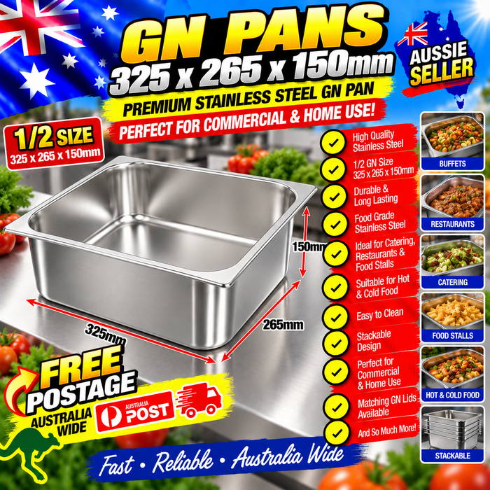 4 x Stainless Steel GN Gastronorm Tray 1/2 - 150mm deep