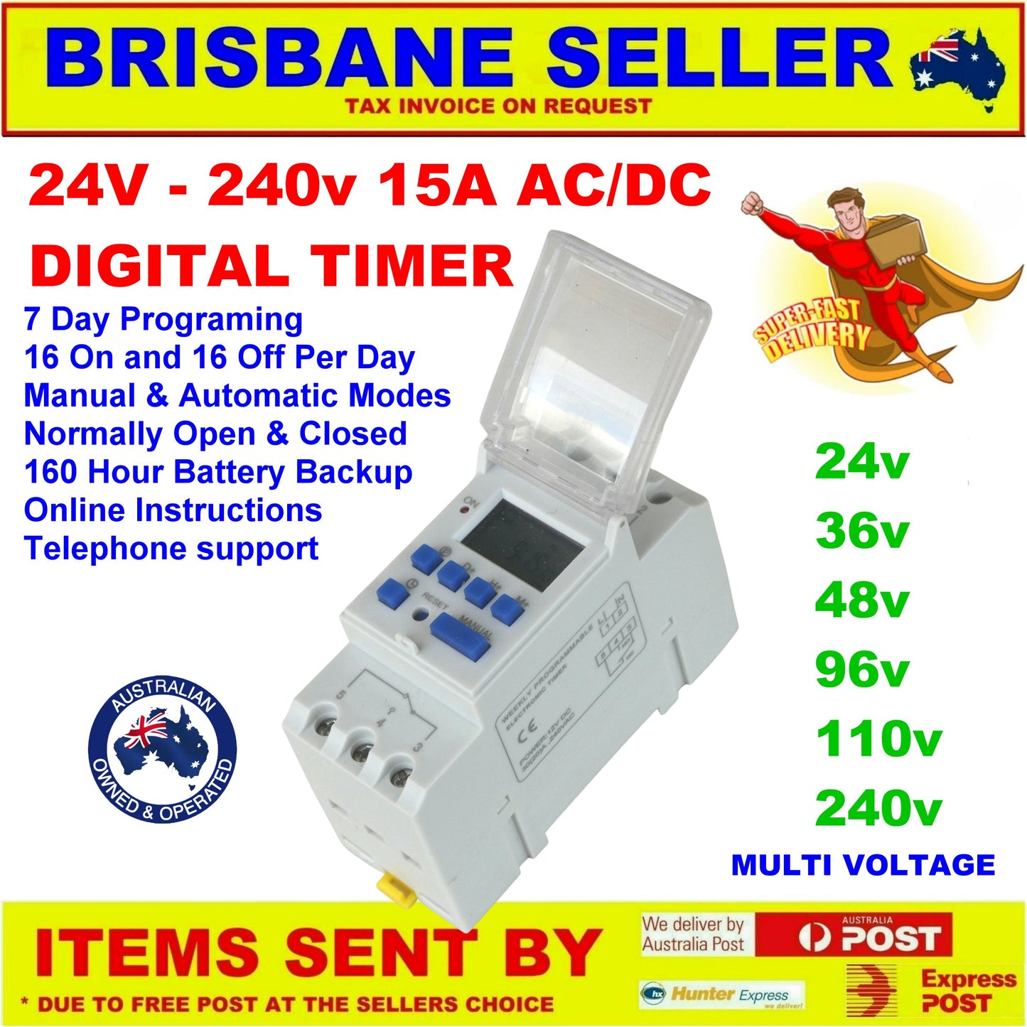 Timers Programmable Voltage 24v to 240v 16 Settings Daily 7 Days 15A Brisbane