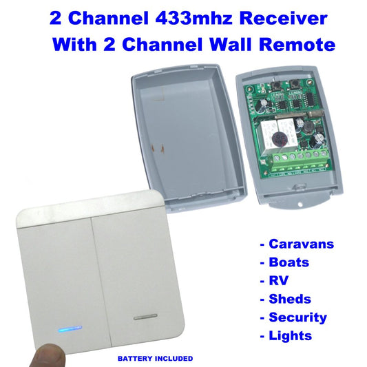 Remote Control Transmitter / Receiver 2 Channel Garage Door  with 1 x Wall Switch 12v-24v 10A 433mhz