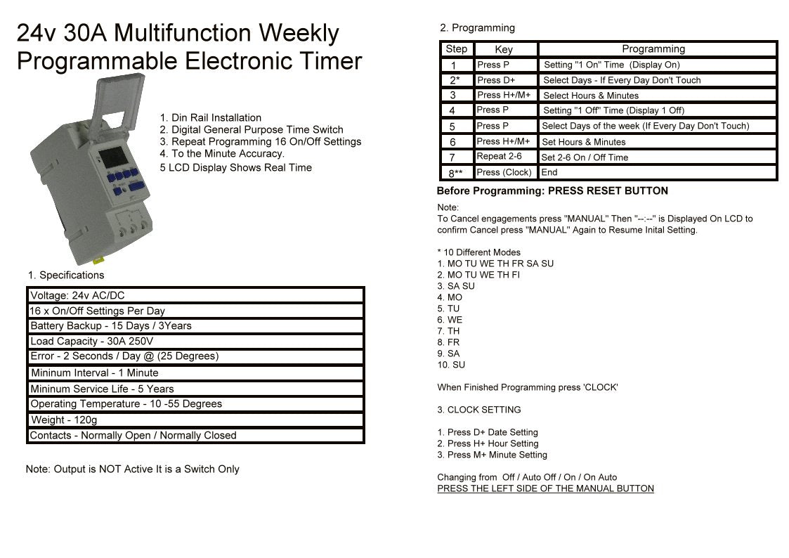 Timers Digital Programmable With LCD 24v AC/DC 16 Settings Daily 7 Days 30A Brisbane