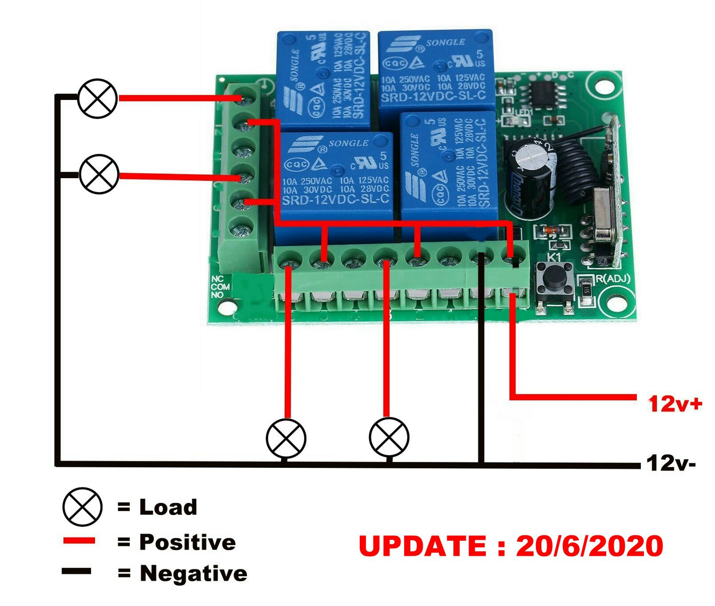 Remote Control Transmitter / Receiver 4 Channel with 2 x STD 4 Remote Fobs 12v 10A 433mhz